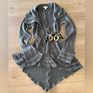 Boston Proper Asymmetrical Crochet Boho Gray Knit Ruffled Belted Cardigan Sz XS